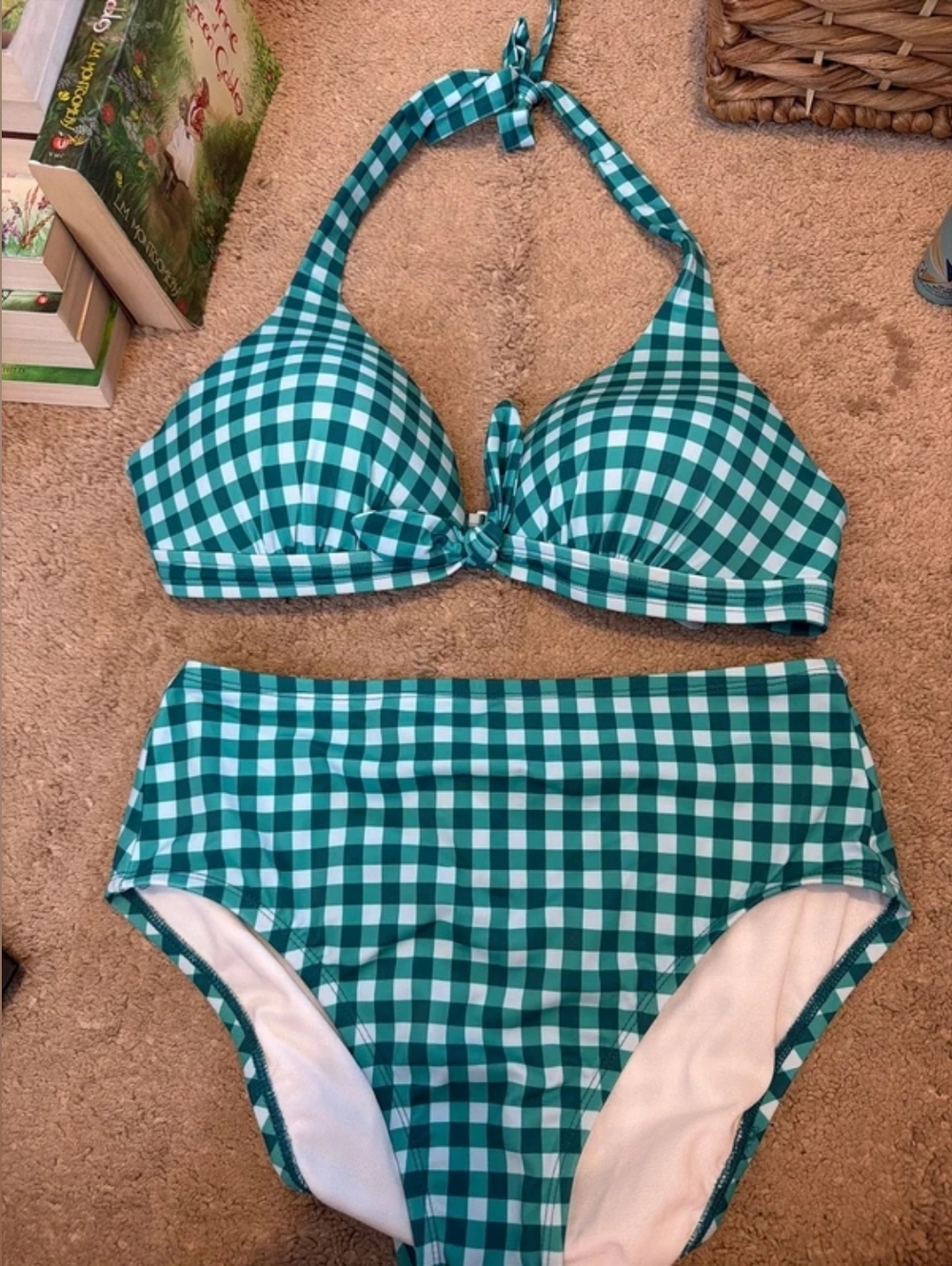 Green Gingham High-Waist Bikini Set